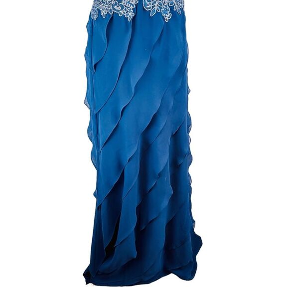 XSCAPE‎ Blue Sheer Cap Sleeve Floral Dress Gown 10 Tiered Ruffles Wedding Prom - Picture 9 of 16